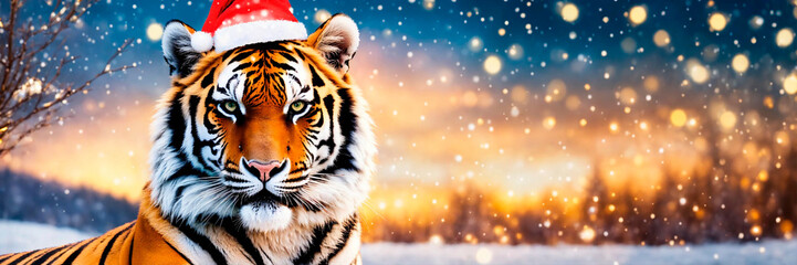 tiger in santa's hat year of santa. Selective focus.
