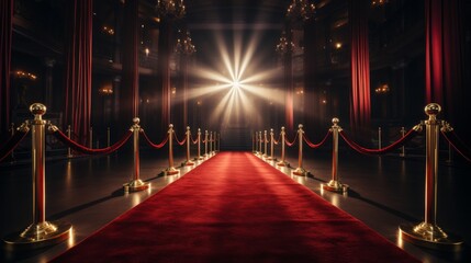 Red carpet with barriers and red rope, Entertainment concept.