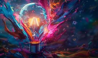 light bulb in blue, in the style of colorful surrealist, poured paint, light orange and magenta, light black and white, photorealistic pastiche, shaped canvas, innovative page design - 750529603