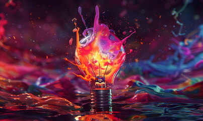 light bulb in blue, in the style of colorful surrealist, poured paint, light orange and magenta, light black and white, photorealistic pastiche, shaped canvas, innovative page design