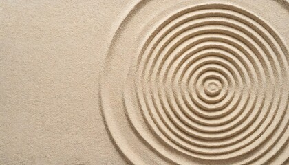 Fototapeta na wymiar top view pattern in japanese zen garden with close up concentric circles on sand for meditation and relaxation aesthetic minimal sand background with copyspace beige neutral tones