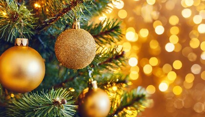 Obraz na płótnie Canvas christmas tree with gold baubles close up against backdrop of golden sparkling christmas lights wide format banner background with atmosphere of celebration and magic