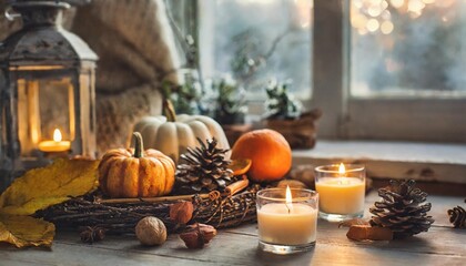 Fototapeta na wymiar autumn and winter home decor with burning candles