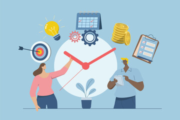 Time management planning concept, Corporate schedule management, Working time, Time organization efficiency. Businessman and woman plans organized work on schedule. Vector design illustration.