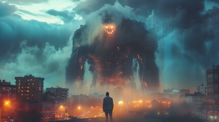 Monstrous silhouette dominates cityscape creating ominous atmosphere in cinematic image. Concept Silhouette, Cityscape, Ominous, Cinematic Image, Monstrous,