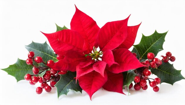 christmas poinsettia and holly red berries isolated on white background