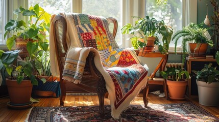 A cozy interior scene featuring a handmade patchwork quilt draped over a vintage wooden chair. British snug, telling its own story through vibrant colors and patterns - obrazy, fototapety, plakaty