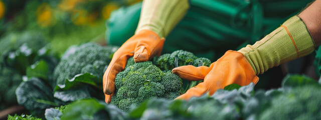 farmer harvests broccoli close-up
