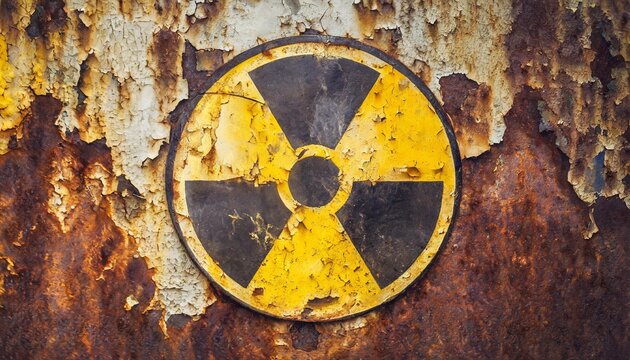 round yellow radioactive ionizing radiation danger symbol painted on a massive rusty metal wall with rustic grunge texture background washed fading yellow rust color toned