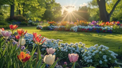 Fotobehang Springtime with flower garden. Generative AI. © visoot