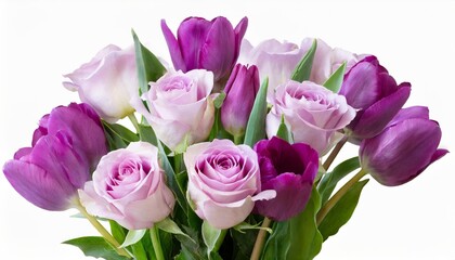 Obraz na płótnie Canvas bouquet of soft lilac roses and purple tulips isolated on a transparent background png file floral arrangement can be used for invitations greeting wedding card