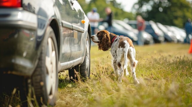 Photo of an English Spaniel dog sniffing a car doing a job searching for substances. Nosework competitions. Training of the dog's sense of smell in transport