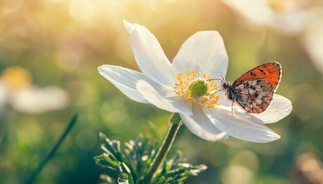 dreamy white spring anemone flower bloom grass ladybug butterfly close up against sunlight panorama spring floral image pastel golden toned macro with soft focus nature greeting card background