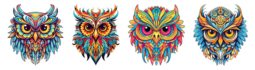 set of colorful owl head sticker designs, generative ai