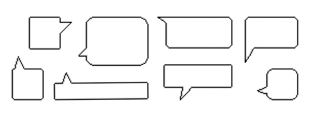 Set of white pixel speech bubble for game art. Stickers, icons, empty rectangular templates illustration. Vector  - obrazy, fototapety, plakaty
