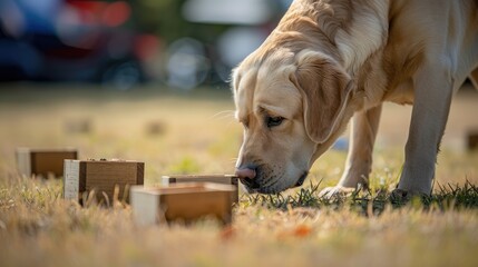 A photo of a fawn-colored Labrador Retriever dog sniffing wooden crates in search of substances. Nosework competitions. Training a dog's sense of smell on objects - obrazy, fototapety, plakaty