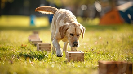 A photo of a fawn-colored Labrador Retriever dog sniffing wooden crates in search of substances. Nosework competitions. Training a dog's sense of smell on objects - obrazy, fototapety, plakaty
