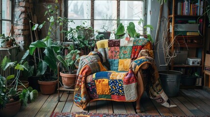 A cozy interior scene featuring a handmade patchwork quilt draped over a vintage wooden chair. British snug, telling its own story through vibrant colors and patterns