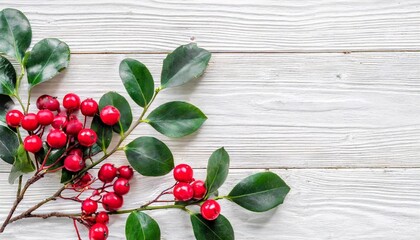 christmas decoration branch christmas tree berries mistletoe red berries with space for text on white background top view flat lay