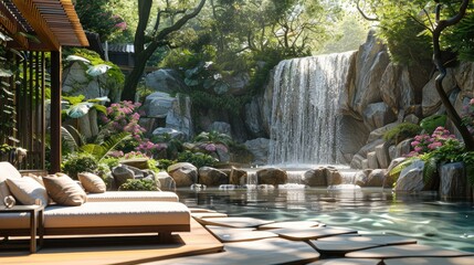 Luxury outdoor seating area courtyard with waterfall and river view, luxury modern contemporary architectural landscape decoration. Generative AI.