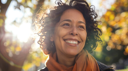 Mature, woman and portrait of a female laughing in a park for peace, contentment and vitality. Happy, smiling and hispanic person radiating positivity outdoors for peace, happiness and exploration