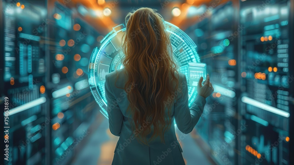 Poster office woman wears suit using pocket computer touching infographic hologram around the body. generat