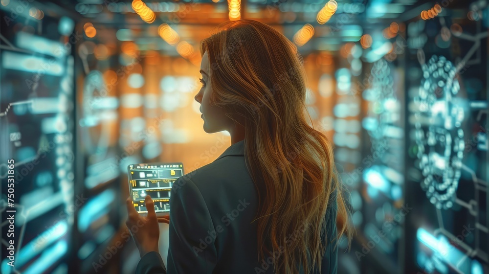 Poster office woman wears suit using pocket computer touching infographic hologram around the body. generat