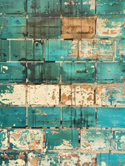 A diverse palette of turquoise and tan paints peels away from an old brick wall, showcasing the raw beauty of decay.