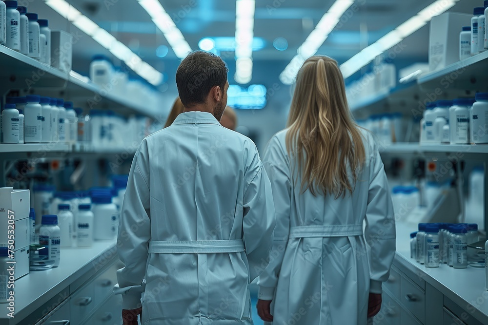 Poster scientists in lab coats working at pharmaceutical quality control laboratory. generative ai.