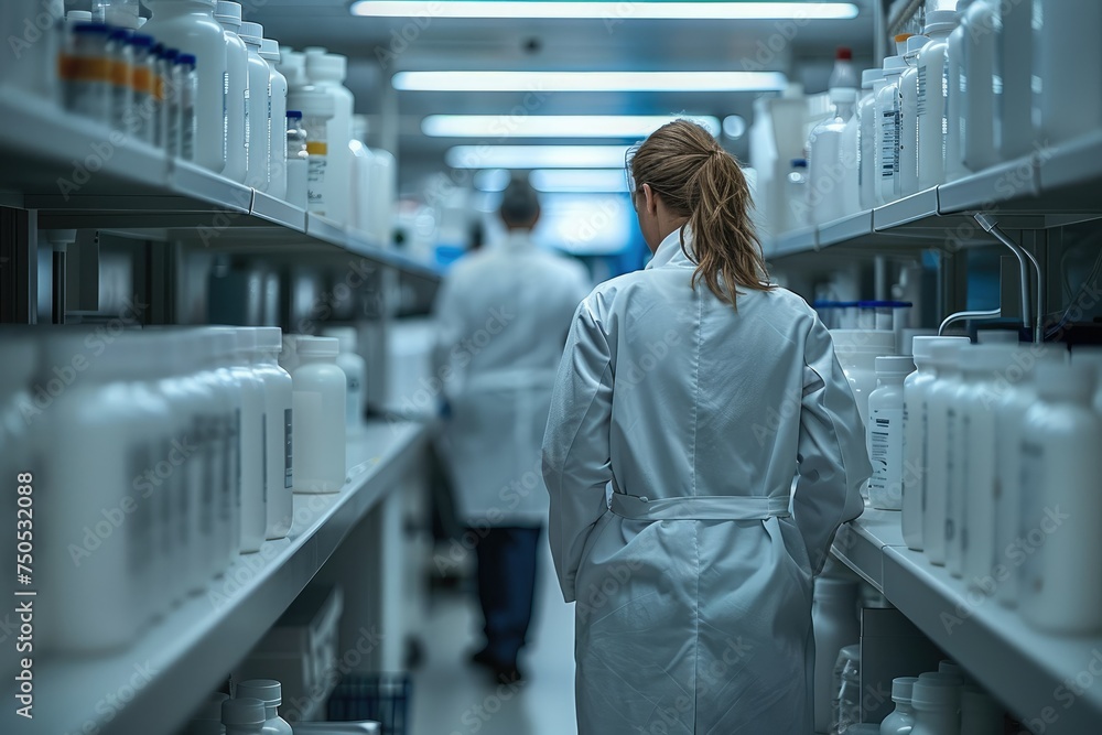 Poster scientists in lab coats working at pharmaceutical quality control laboratory. generative ai.