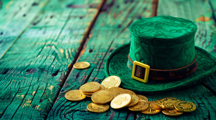Leprechaun hat with gold coins on rustic wood for St. Patrick's Day, vintage feel.