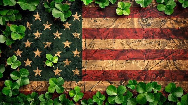 American flag with rustic look adorned by shamrocks, fusion of cultures for St. Patrick's Day.