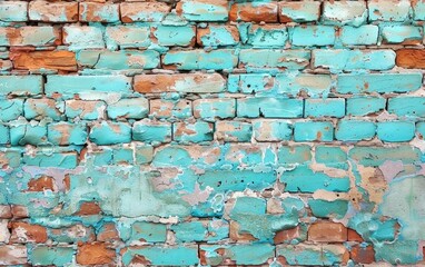 Turquoise paint flakes off a brick wall, each layer a time stamp of the urban landscape's evolving story.