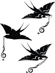 swallow bird holding treble clef pendant - black and white classical music concept vector design set