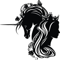 fairy tale queen or princess wearing royal crown with her magic unicorn horse profile head decorated with rose flowers and butterflies black and white vector silhouette portrait