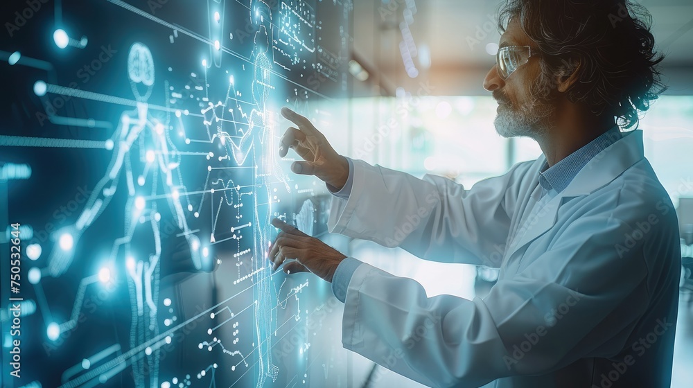 Poster healthcare professional wearing a lab coat, gesturing towards ai-powered health analytics on a trans