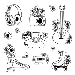set of isolated outline objects.Telephone, camera, guitar, roller skates, sneakers, cassette, headphones - 750532616