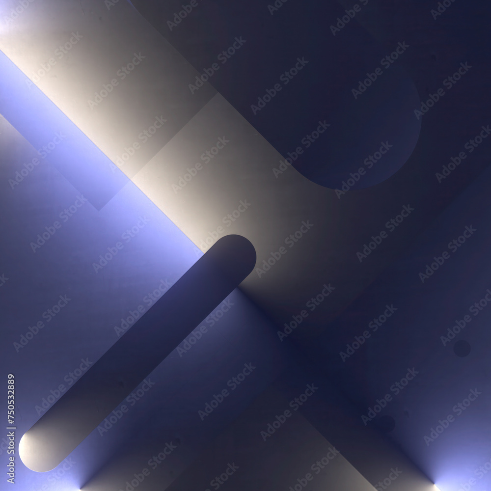 Poster Geometric light pattern in blue neon color on concrete surface. 3d rendering digital illustration