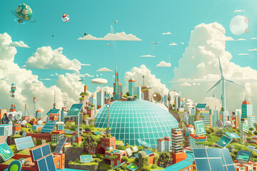 A comprehensive illustration of solar panels harnessing solar power on Earth in a vibrant urban landscape. Renewable energy and sustainable technology concept
