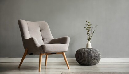 comfortable armchair near light grey wall indoors space for text
