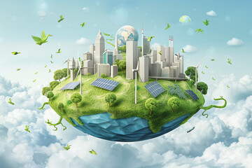 A detailed illustration of Earth with a solar power plant and a bustling city on its surface. Renewable energy and sustainable urban development concept
