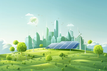 A detailed illustration of Earth featuring a solar power plant and a thriving city on its surface. Renewable energy and sustainable living concept
