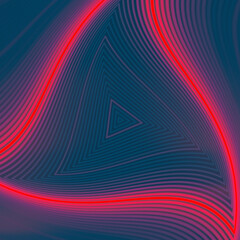 Bright red neon stripes of light in the form of triangles on a dark blue background. 3d rendering illustration