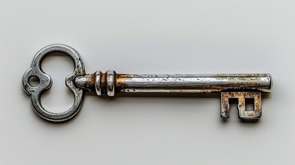 Key with ornate handle design, exhibiting a weathered texture against a clean, white background, evoking a sense of history and mystery.