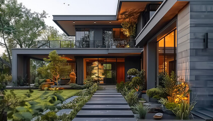 Fototapeta na wymiar Front view Design a modern gray house with a front balcony and lawn garden decorated in a resort style. Generative AI.