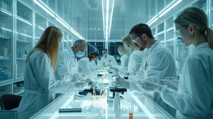 Team of scientists and researchers collaborating in a modern laboratory, discussing over microscopes and test tubes. Generative AI.