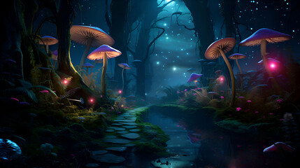 Fantasy fantasy landscape with mushrooms in the forest. 3d rendering