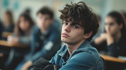 Fototapeta premium A young male student lost in thought, sitting in a classroom setting with her peers blurred in the background, reflecting a moment of introspection. concept of bullying among teenagers