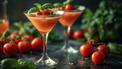 Alcoholic cocktail Caprese Martini made from tomato juice and vodka in a martini glass with basil on dark background. - obrazy, fototapety, plakaty