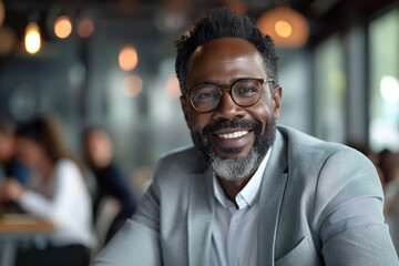 Fototapeta premium An African American business man in a professional suit and glasses is sitting at a table and is probably participating in a conference, meeting or lecture with other people